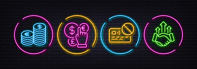 Card, Money currency and Currency minimal line icons. Neon laser 3d lights. Deal icons. For web, application, printing. Bank payment, Euro and usd, Business rise. Neon lights buttons. Vector