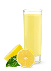 Glass of lemon juice with lemon and leaf