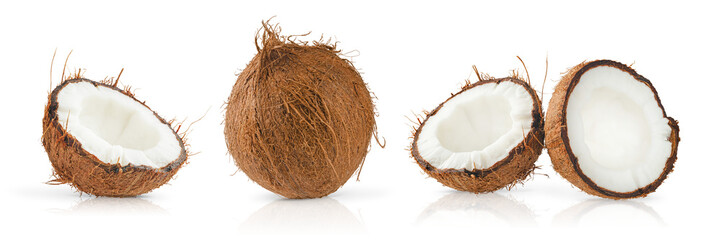 Set of raw coconut and halves - obrazy, fototapety, plakaty