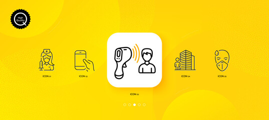 Fototapeta na wymiar Sick man, Electronic thermometer and Vaccination minimal line icons. Yellow abstract background. Hold smartphone, Agent icons. For web, application, printing. Vector