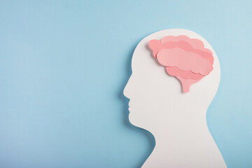Head silhouette with paper model brain on pastel blue background.  Mental health, psychology,...