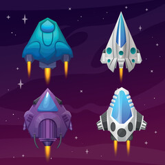 Set of cartoon space starships for various games, video game, poster, banners concept, Vector spacecraft rockets, space craft ships, fantasy vehicles with jet engine, spacecrafts from alien invaders, 