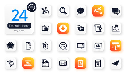 Set of Technology flat icons. Dj controller, Download file and Quote bubble elements for web application. Wallet, Card, Speech bubble icons. Share, Smartphone recovery, Yummy smile elements. Vector