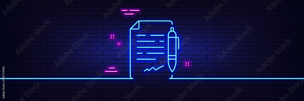 Poster neon light glow effect. agreement document line icon. contract file signature sign. office note symb