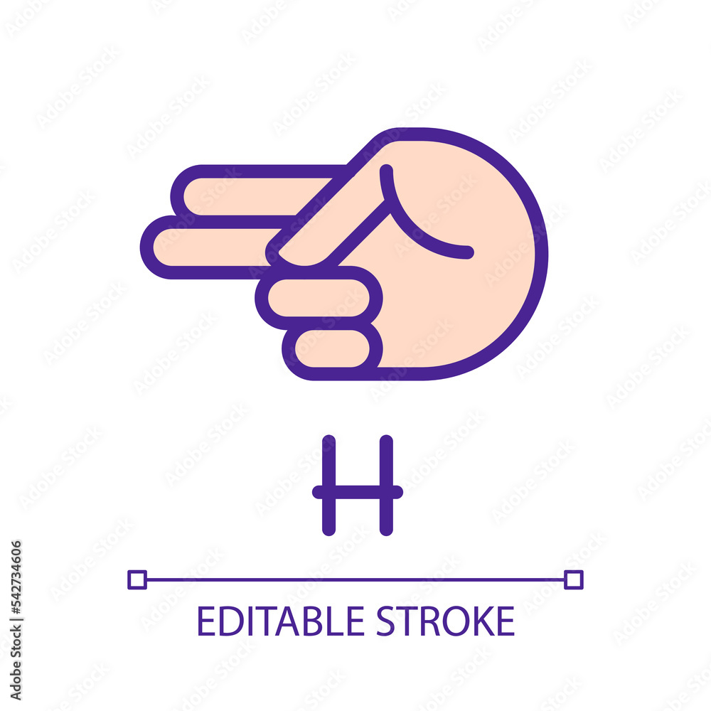 Poster signing letter h in asl pixel perfect rgb color icon. communication system for people with deafness.