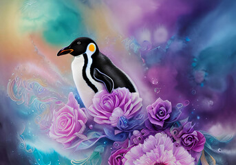 penguin in a magic world on a background of flowers - obrazy, fototapety, plakaty