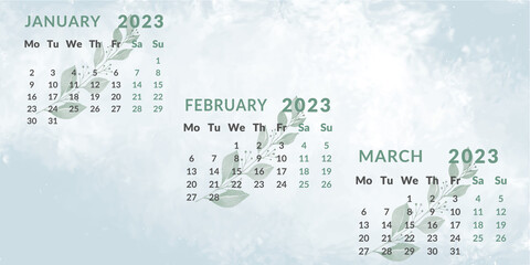 Calendar 2023 by quarters. Months January February March. Week starts on Monday.