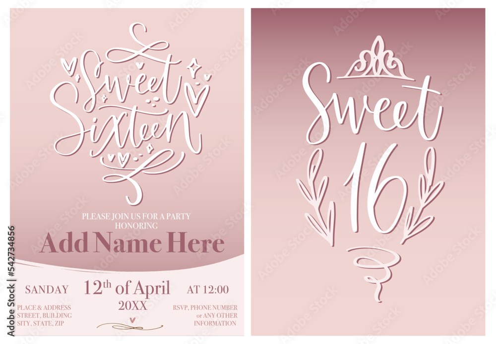 Wall mural Sweet sixteen invitation template for 16th Birthday party. Modern calligraphy card in blush pink, mauve and white colors. Elegant design with flourishes, hearts and diadem.