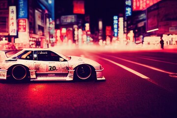 tuned red car in a red tokyo neon light street, JDM Japanese Domestic Market, tokyo drift style