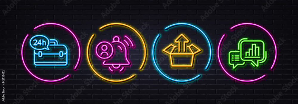 Aufkleber send box, 24h service and user notification minimal line icons. neon laser 3d lights. graph chart ic