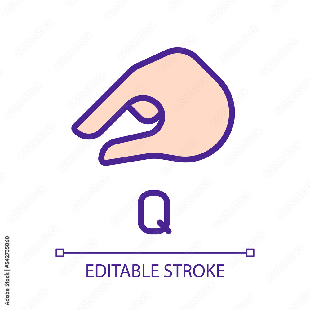 Poster sing for letter q in asl pixel perfect rgb color icon. system of communication. gestures system. iso