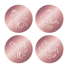 Chic sweet sixteen favor tag, round sticker label design in white and rose gold colors with metallic effect. 16th Birthday luxury style party decoration honoring a teenage girl.