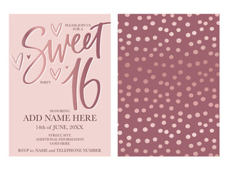 Sweet sixteen invitation template in rose gold and dusty pink colors with metallic effect. 16th Birthday party modern calligraphy double sided vector design with confetti background and hearts.