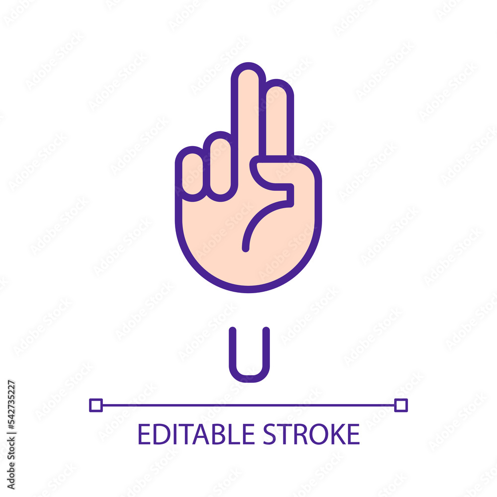 Poster letter u sign in asl pixel perfect rgb color icon. words visualization by gestures. communication. i