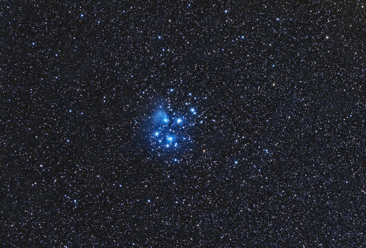 Wide field of the Pleiades, also known as The Seven Sisters and Messier 45, are an open star cluster containing the stars Sterope, Merope, Electra, Maia, Taygetas, Celaeno and Alcyone. 