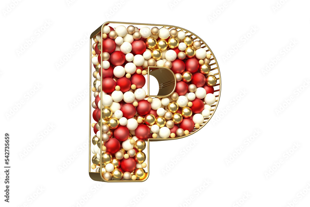 Poster christmas fantasy font made of floating balls in gold, red and white colors. letter p suitable for w