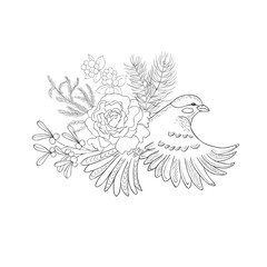 Bird with Winter Bouquet. Vector Illustration.