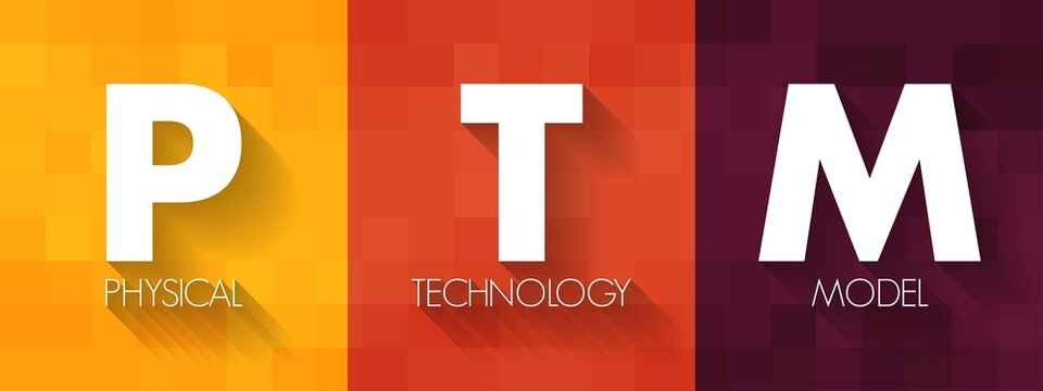 PTM Physical Technology Model - arrangement of physical elements that provides the solution for a product, service, or enterprise, acronym text concept background