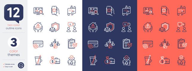 Set of Salary, Change card and Interview line icons. Include Seo analytics, Teamwork, Survey checklist icons. Tea mug, Family insurance, Journey path web elements. Justice scales, 3d app. Vector