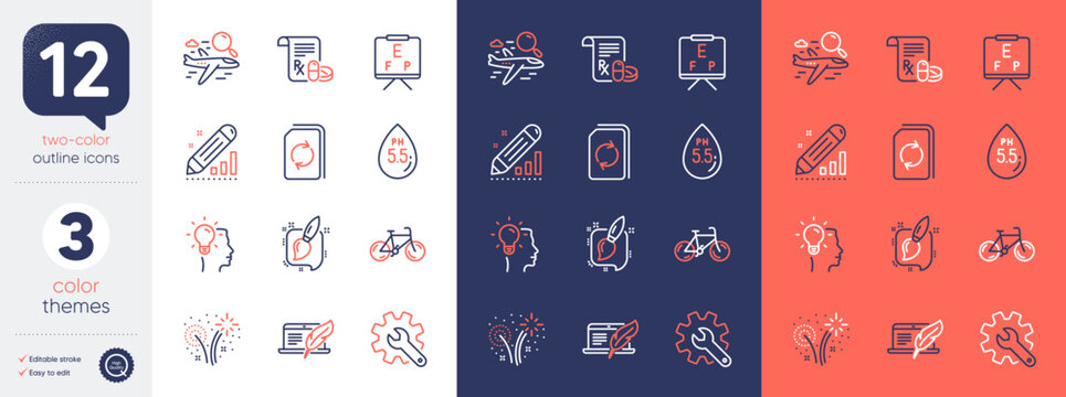 Set of Copyright laptop, Customisation and Painting brush line icons. Include Ph neutral, Idea, Medical prescription icons. Edit statistics, Vision board, Update document web elements. Vector