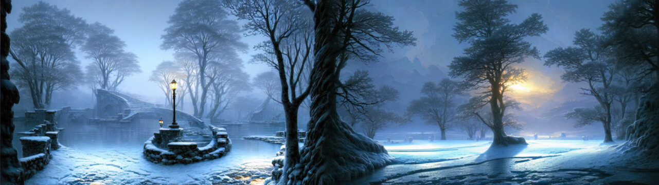 Winter snowy night street. Winter banner, winter garden with trees, snowfall and sunset, ice.
