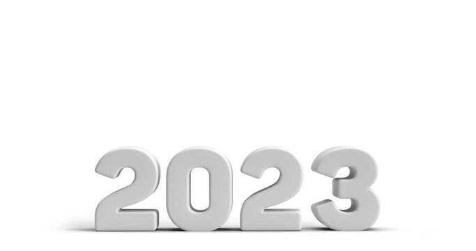 2022 turning into 2023 in 3d render animation. Happy New Year concept. Flip text effect on white background, copy space. Planning goal, new business strategy. Aspiration, Challenge, Motivation