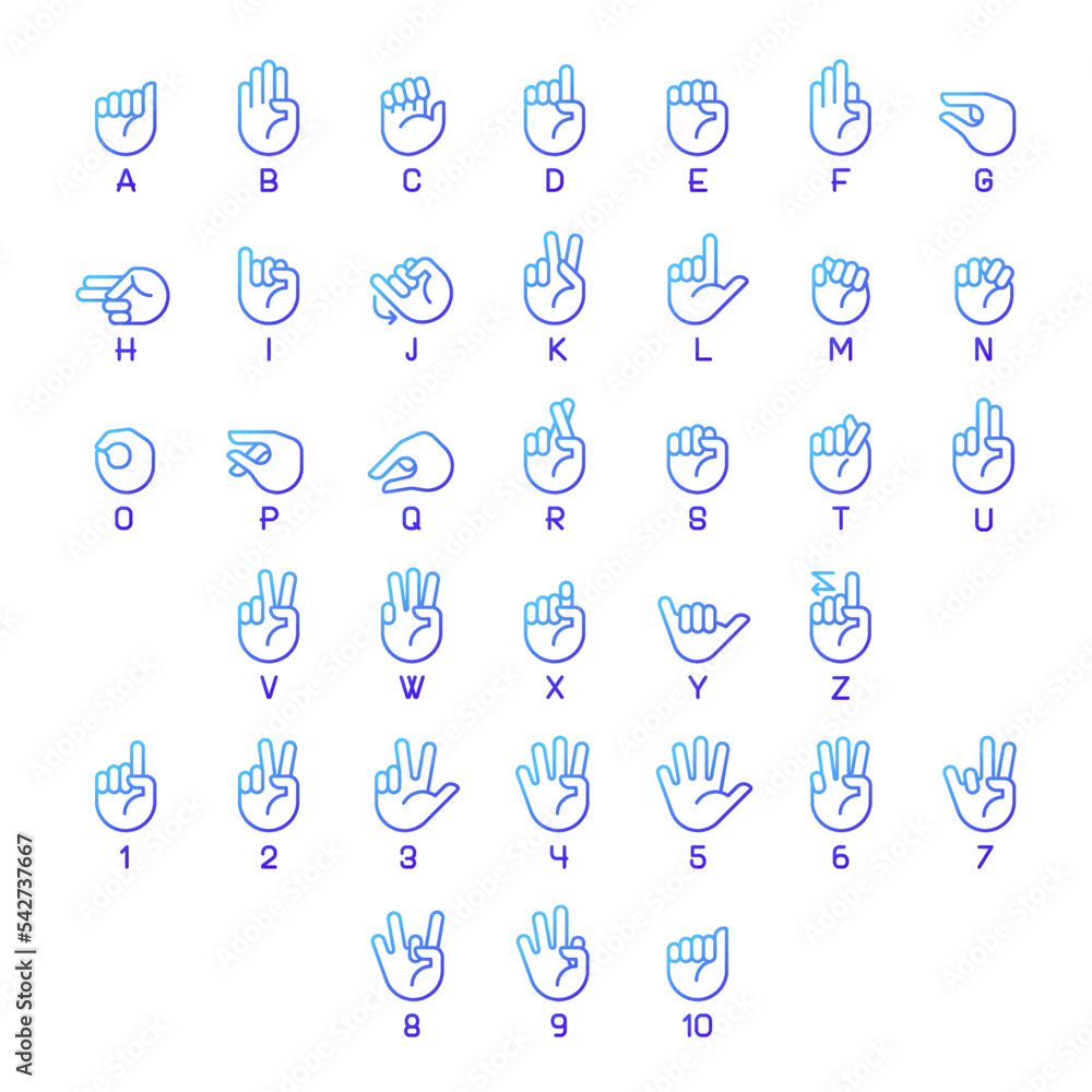 Poster american sign language pixel perfect gradient linear vector icons set. communication system. dealing