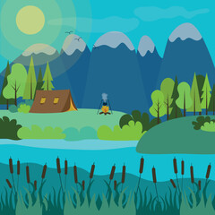 Summer camping concept art. Tent, landscape, campfire, mountains, lake, forest, camp kitchen, pot. Rest at nature. Vector flat illustration. Drawing for design, print, posters, banners, advertising.