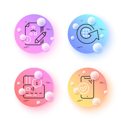 World globe, Approved phone and Card minimal line icons. 3d spheres or balls buttons. Algorithm icons. For web, application, printing. Around the world, Verified smartphone, Bank payment. Vector