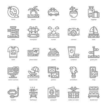 Holiday and Travel icon pack for your website design, logo, app, and user interface. Holiday and Travel icon outline design. Vector graphics illustration and editable stroke.