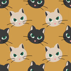 Muzzle of cats, hand drawn backdrop. Colorful seamless pattern with muzzles of animals. Decorative cute wallpaper, good for printing. Overlapping background vector. Design illustration.