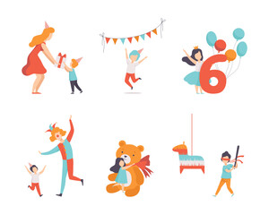 Cute Little Kids in Cone Hat Celebrating Their Birthday Receiving Gifts and Having Fun at Party Vector Set