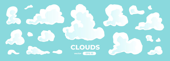 Clouds set isolated on a blue background. SIgns and icons collection. Realistic elements. White color. Simple cartoon design. Flat style vector illustration.