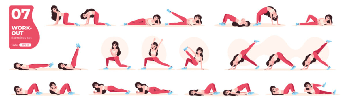 Sport exercises set. Workout and gym. Body health, healthy lifestyle. Woman doing fitness activities and yoga. Flat style. Modern design. Cute pretty female character. Vector illustration eps10.