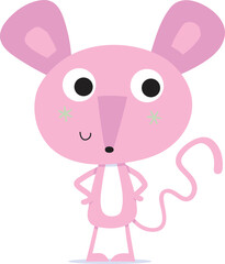Cartoon of cute pink mouse standing on two feet isolated on a white background.
