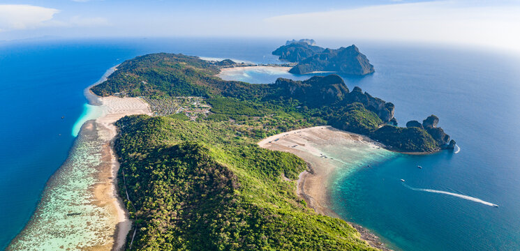 Aerial view of Loh Lana Bay at sunset in koh Phi Phi islands, Krabi, Thailand