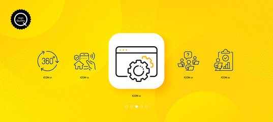 Fototapeta na wymiar 360 degree, Inspect and Seo gear minimal line icons. Yellow abstract background. House security, Teamwork question icons. For web, application, printing. Vector