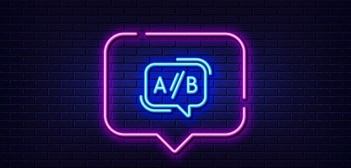 Neon light speech bubble. Ab testing line icon. Ui test chat bubble sign. Neon light background. Ab testing glow line. Brick wall banner. Vector