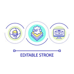 NFTs in virtual reality loop concept icon. Tokenization of cyberspace. Crypto art representation abstract idea thin line illustration. Isolated outline drawing. Editable stroke. Arial font used