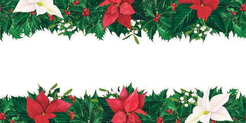 Seamless frame with Christmas holly leaves berries, poinsettia, mistletoe. Watercolor Illustration for template, poster