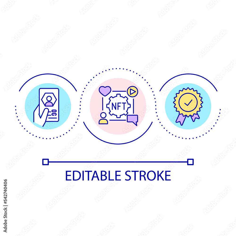 Poster NFTs on social networks loop concept icon. Crypto art in online communication. Cyberspace abstract idea thin line illustration. Isolated outline drawing. Editable stroke. Arial font used