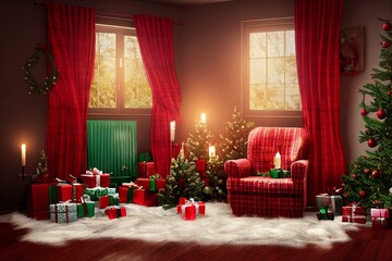 Cozy vintage Christmas holdiay decorated room with red walls and curtains, Christmas tree, fireplace, candles, toys, fur carpet and tartan plaid armchair.