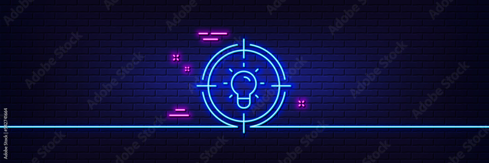 Poster neon light glow effect. idea line icon. light bulb or lamp in target sign. creativity, solution or t