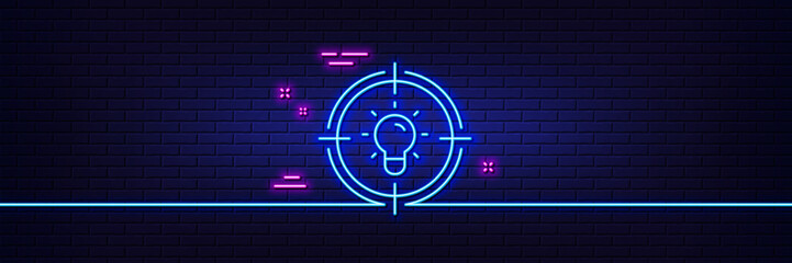 Neon light glow effect. Idea line icon. Light bulb or Lamp in target sign. Creativity, Solution or Thinking symbol. 3d line neon glow icon. Brick wall banner. Idea outline. Vector