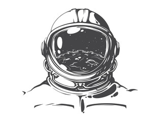 Vector illustration of an astronaut in a helmet whose window reflects the moon, black and white image of an astronaut in grunge style, reflection of the surface of the moon in the astronauts helmet 