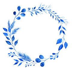 Watercolor wreath of blue leaves and branches. Hand painted botanical composition in indigo blue. Isolated on transparent. Perfect for cards and invitations.