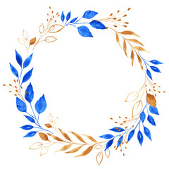 Fototapeta na wymiar Luxury wreath of golden and blue leaves and branches. Hand painted botanical composition in watercolor. Isolated on transparent. Perfect for cards and invitations.