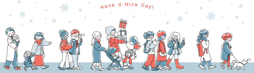 冬の休日に道を歩く家族連れやカップル、友人、散歩をする人々