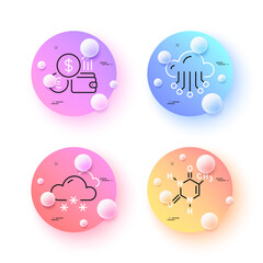 Currency rate, Cloud storage and Snow weather minimal line icons. 3d spheres or balls buttons. Chemical formula icons. For web, application, printing. Vector