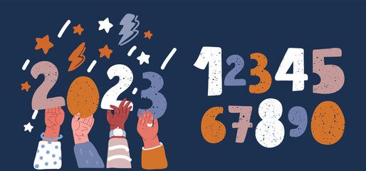 Cartoon vector illustraiton of People holding 2023 New Year numbers in hands. Happy men and women group celebrate winter holiday. And extra set of numbers